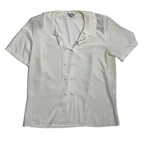 Vtg Alexandria blouse Women's 10 white polyester 2 panel button short sleeve